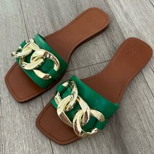 Zara Green Gold Chain Slide Sandals
